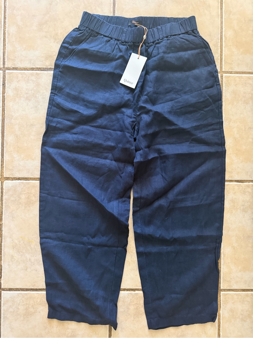 Quince Navy Elastic Waist Linen-Blend Pants